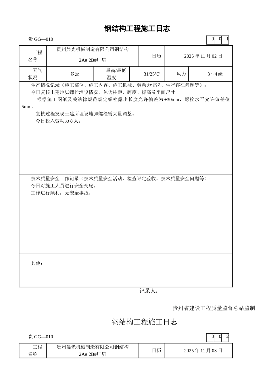 钢结构工程施工日志_第1页