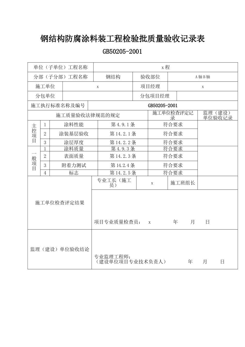 钢结构防腐涂料装工程检验批质量验收记录表_第1页