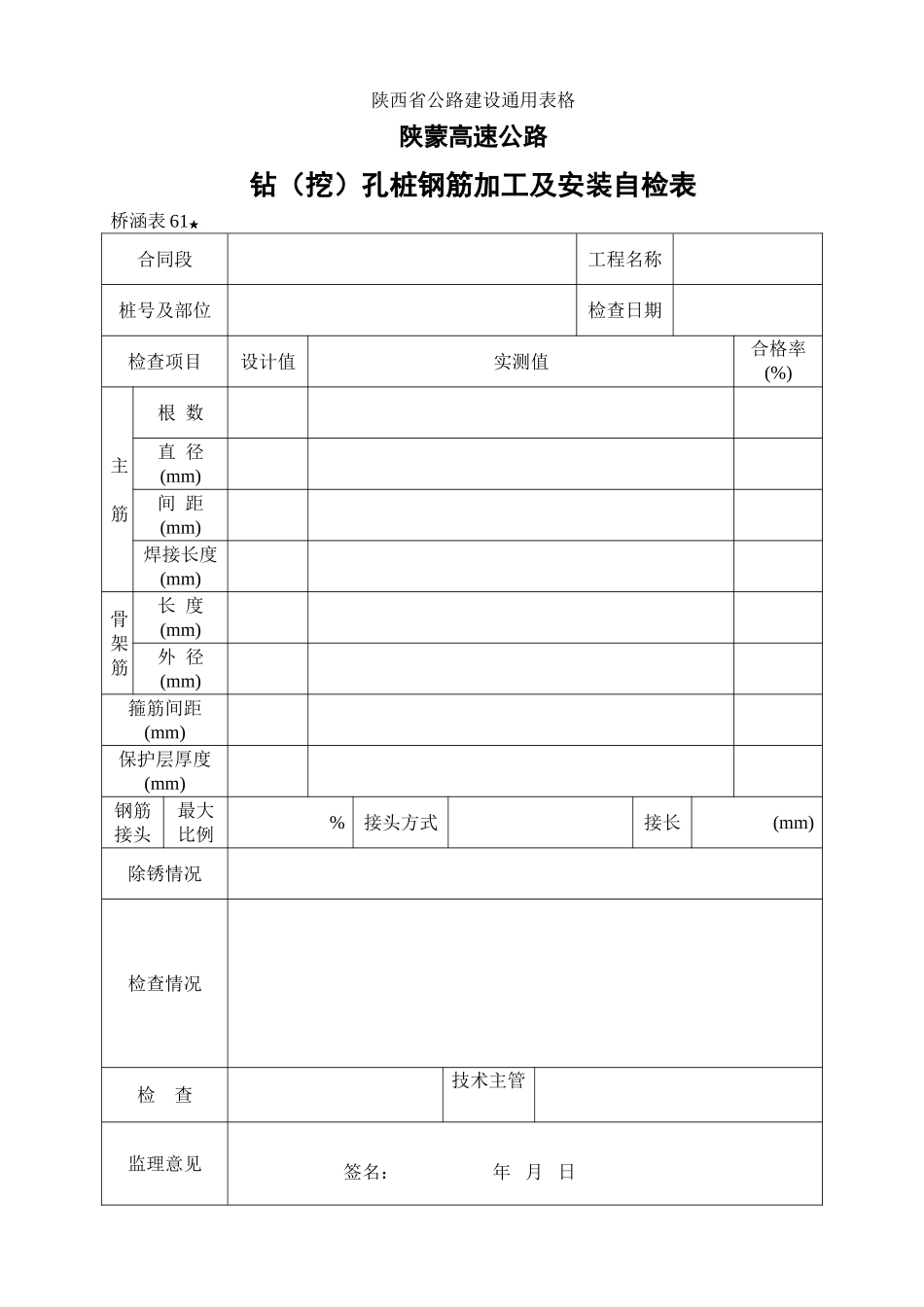 钻（挖）孔桩钢筋加工及安装自检表_第1页