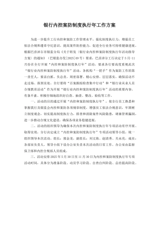 银行内控案防制度执行年工作方案 