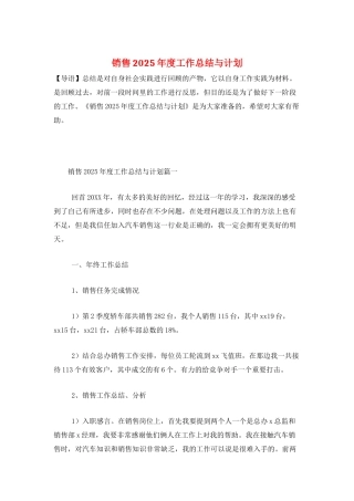 销售2025年度工作总结与计划