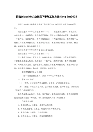 销售业务员下半年工作计划2025