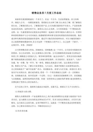 销售业务员7月度工作总结