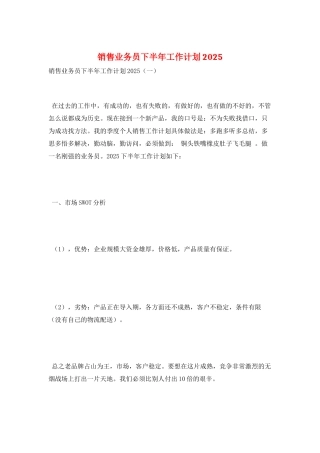 销售业务员下半年工作计划2025