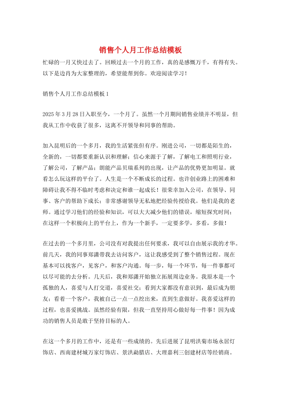 销售个人月工作总结模板_第1页