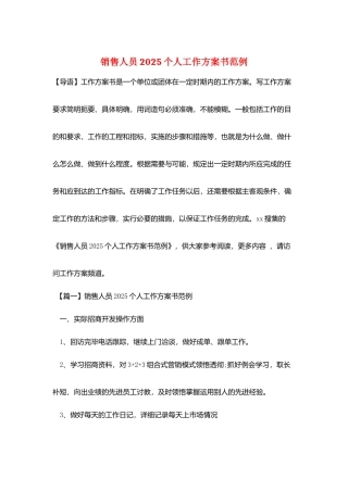 销售人员2025个人工作计划书范例