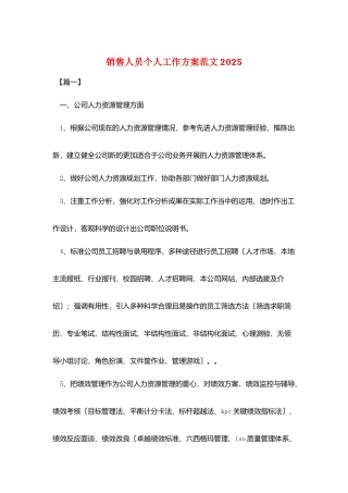 销售人员个人工作计划范文2025