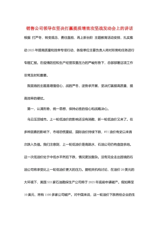 销售公司领导在坚决打赢提质增效攻坚战动员会上的讲话