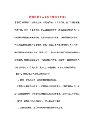 销售总监个人工作计划范文2025