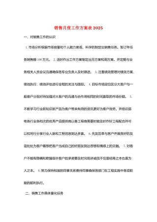 销售月度工作计划表2025