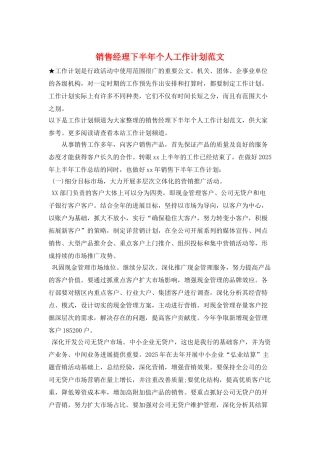 销售经理下半年个人工作计划范文