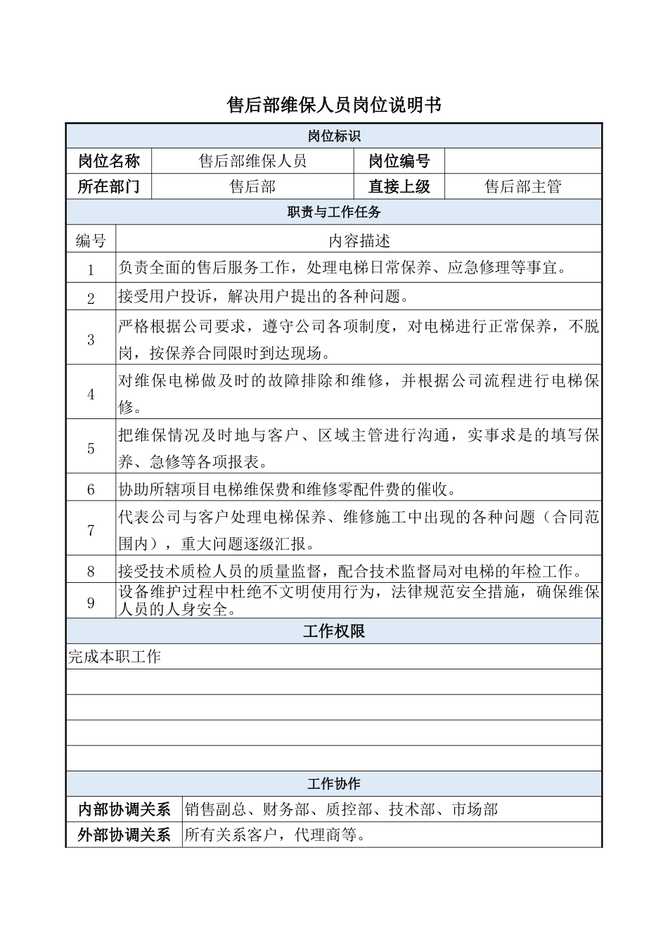 销售部维保人员岗位说明书_第1页