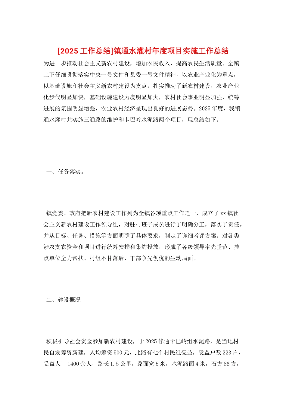 镇通水灌村年度项目实施工作总结_第1页