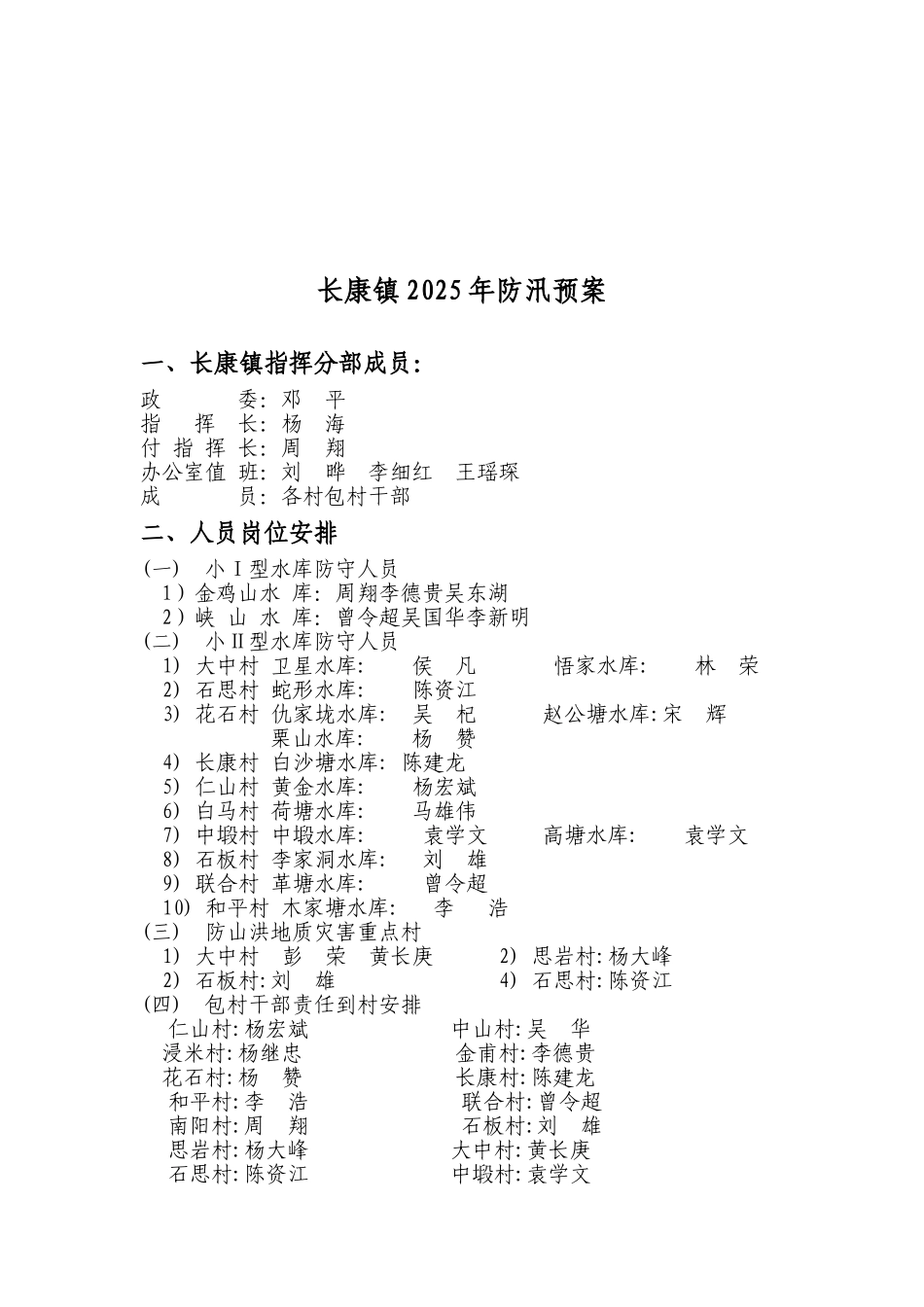 长康镇2025年防汛人员岗位安排_第1页