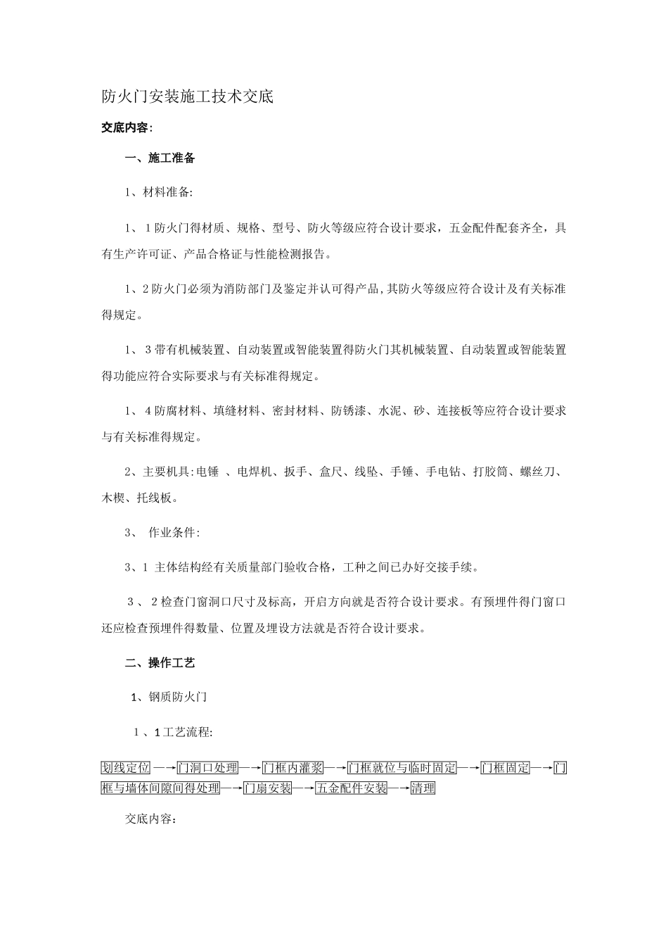 防火门安装施工技术交底_第1页