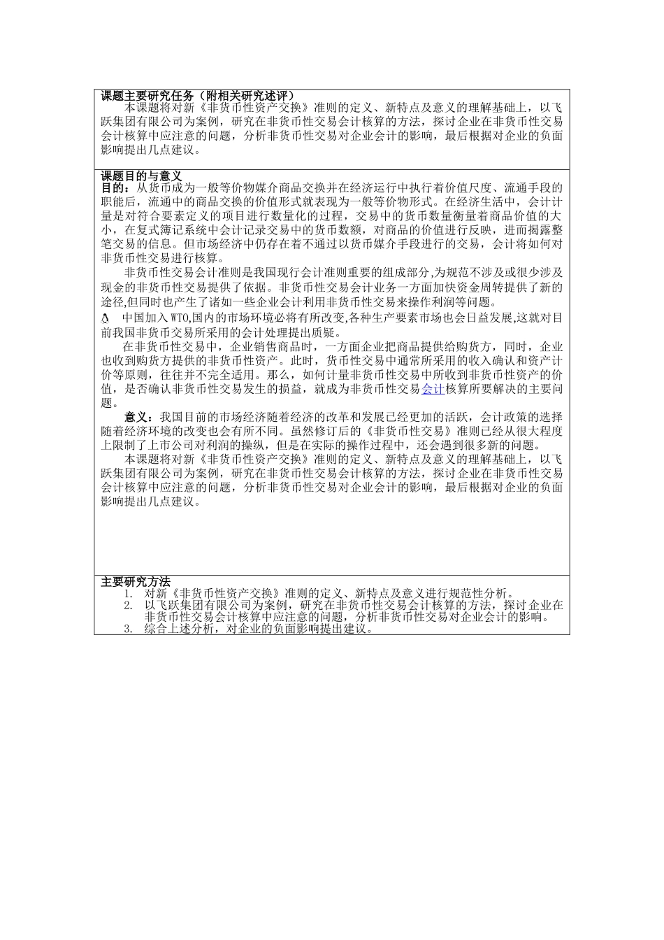 非货币性交易会计核算问题研究分析—以飞跃集团有限公司为例  开题报告  财务会计学专业_第1页