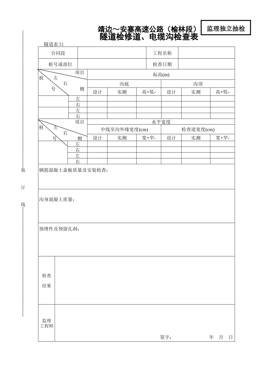 隧道检修道电缆沟检查表_第1页