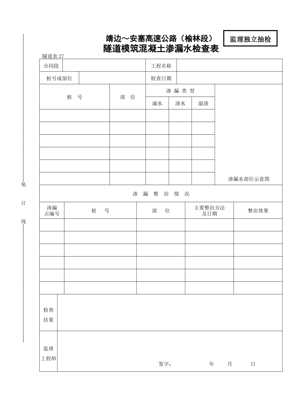 隧道模筑混凝土渗漏水检查表_第1页