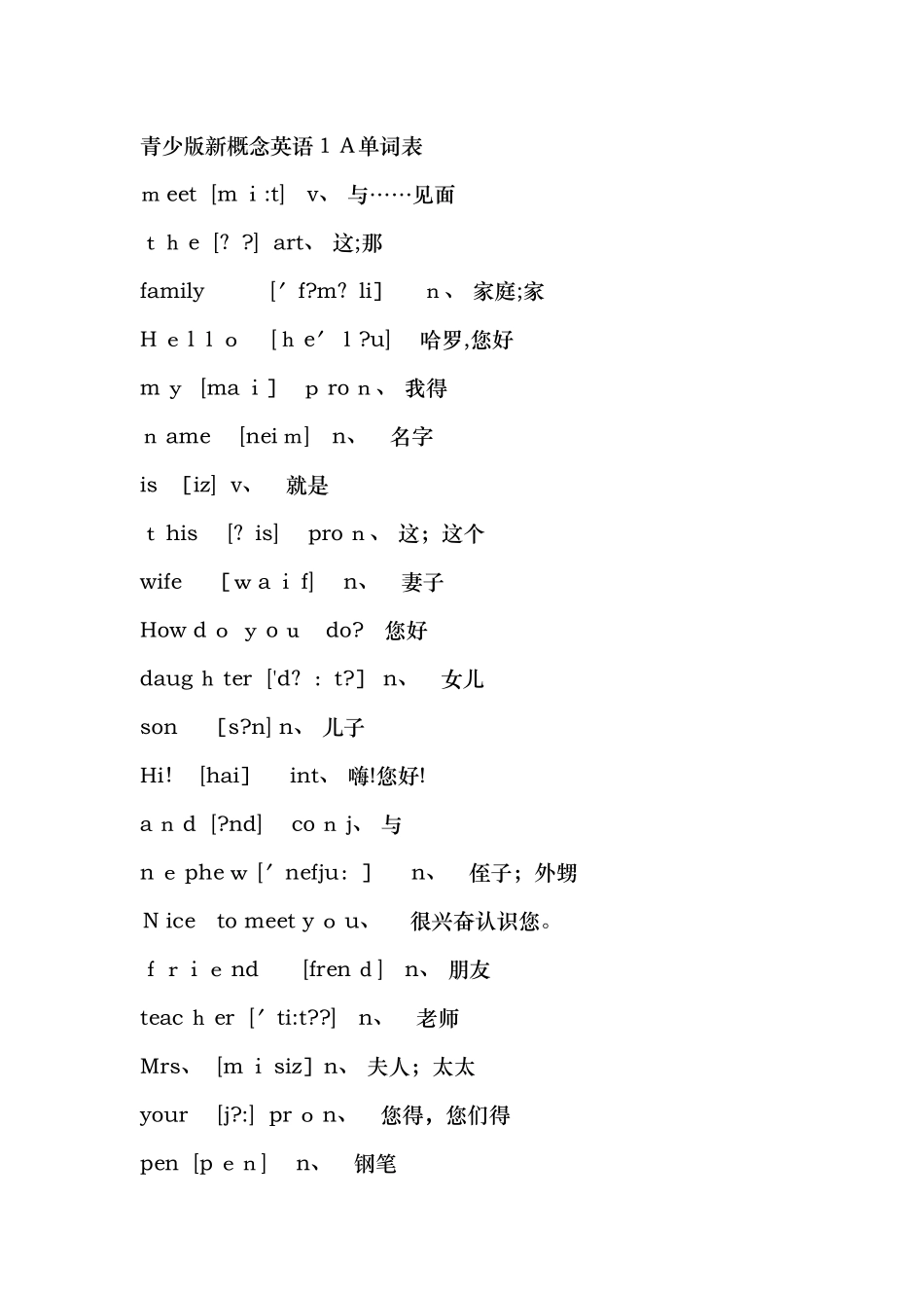 青少版新概念英语1a单词表_第1页