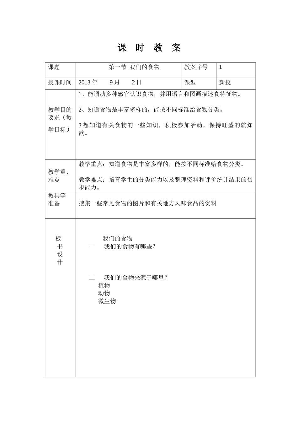 青岛版科学四上《我们的食物》表格式教案_第1页