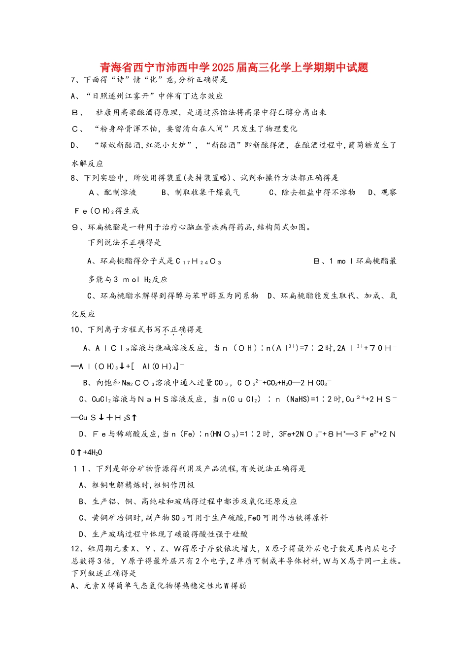 青海省西宁市沛西中学2025届高三化学上学期期中试题_第1页