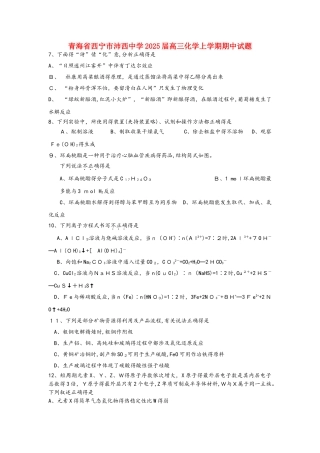 青海省西宁市沛西中学2025届高三化学上学期期中试题