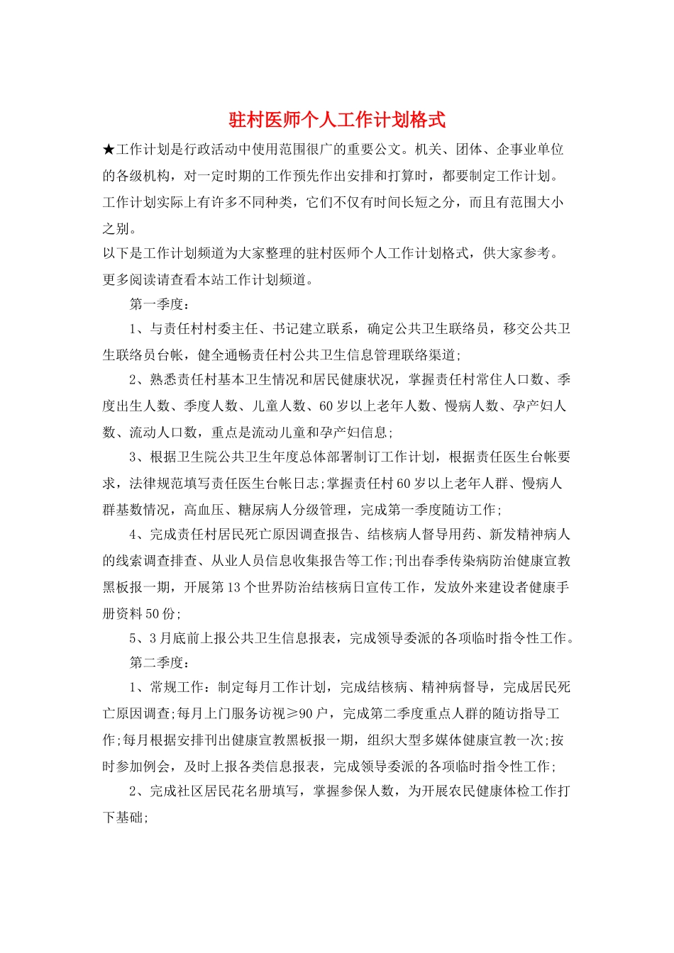 驻村医师个人工作计划格式_第1页