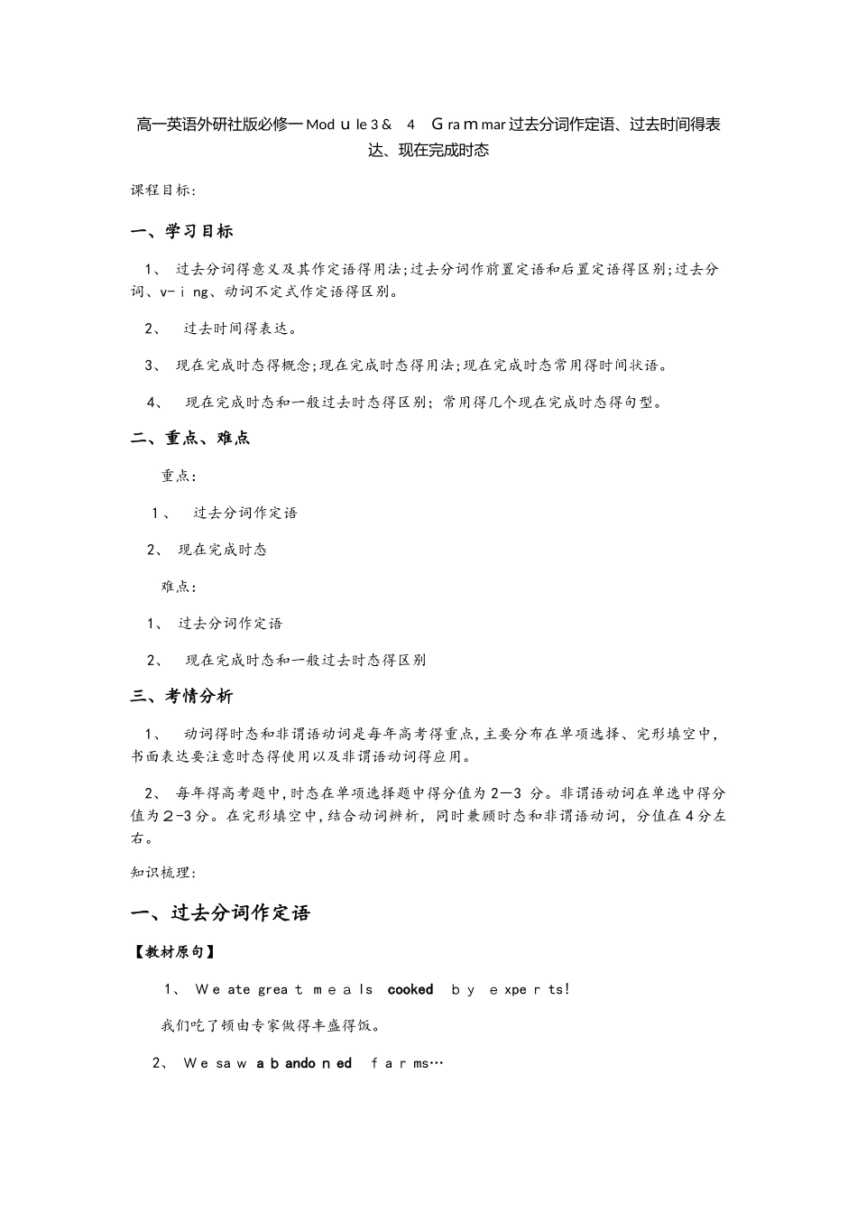 高一英语外研社版必修一Module 3 & 4 Grammar过去分词作定语、过去时间的表达、现在完_第1页