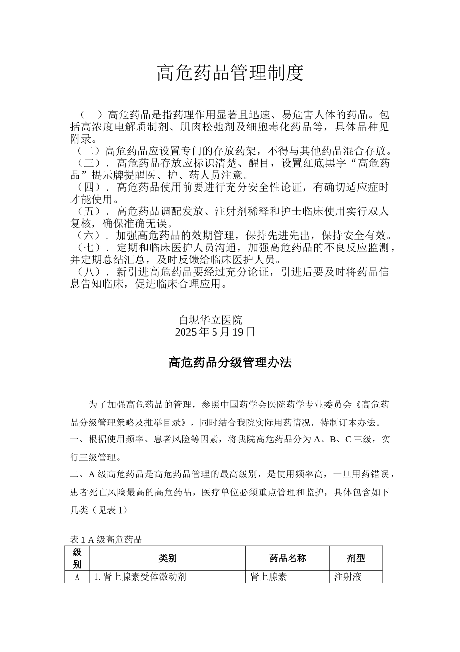 高危药品管理制度及高危药品分级管理办法_第1页