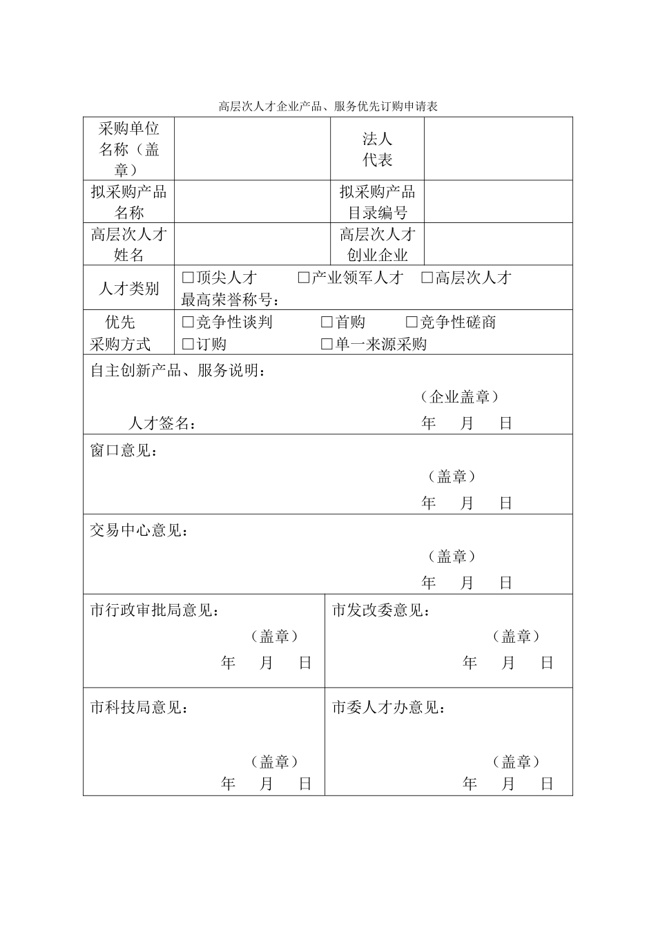 高层次人才企业产品、服务优先订购申请表（正式版）_第1页
