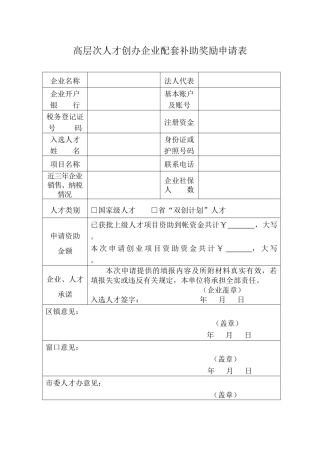 高层次人才创办企业配套补助奖励申请表（正式版）