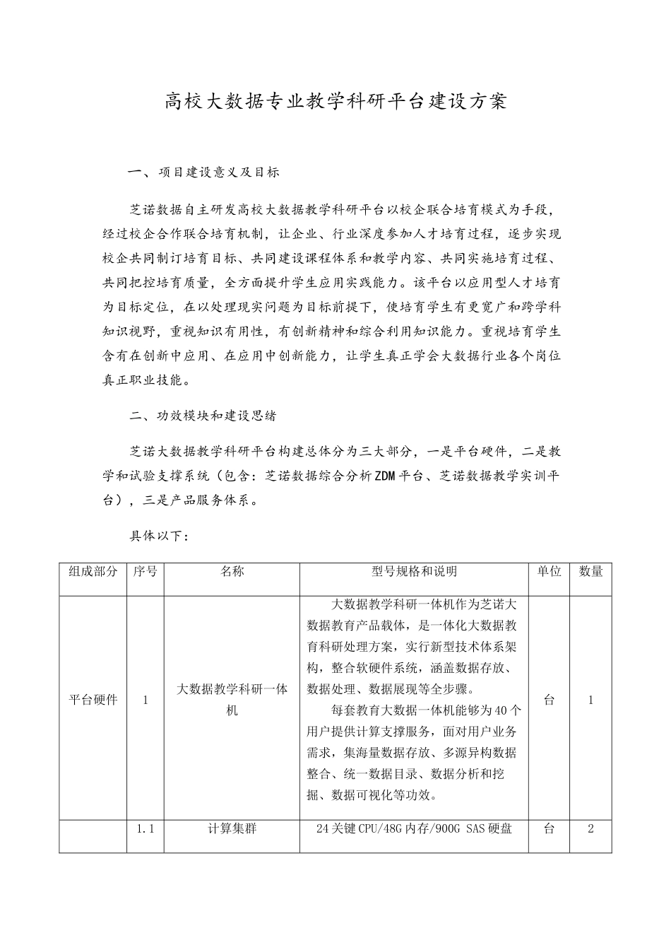 高校大数据专业教学科研平台建设专项方案_第1页