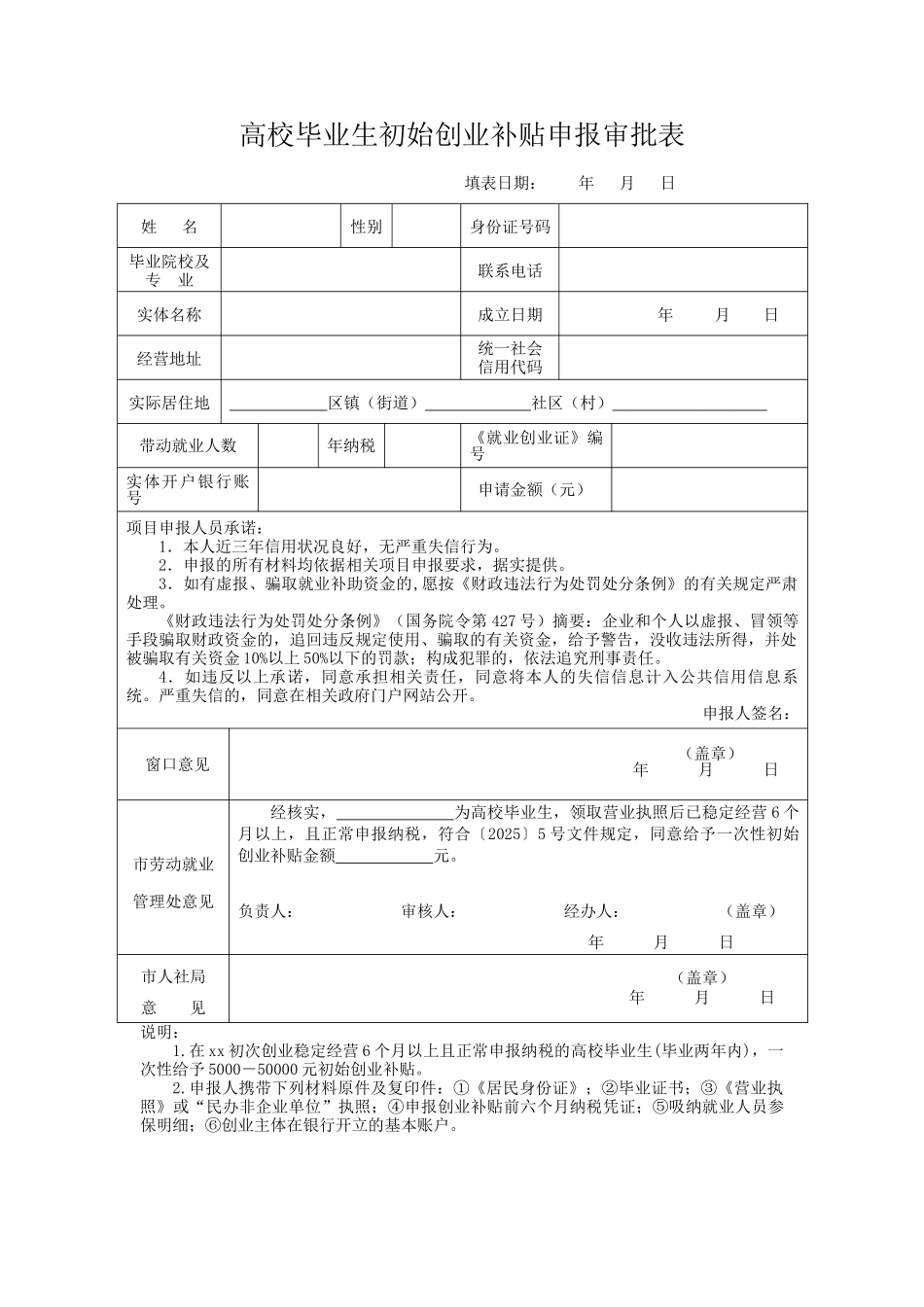 高校毕业生初始创业补贴申报审批表（正式版）_第1页