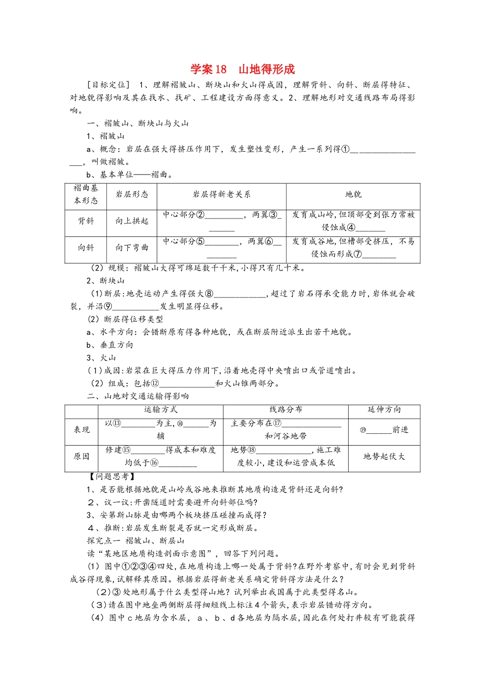 高考地理总复习 第四单元 地表形态的塑造 课时18 山地的形成学案 新人教版_第1页