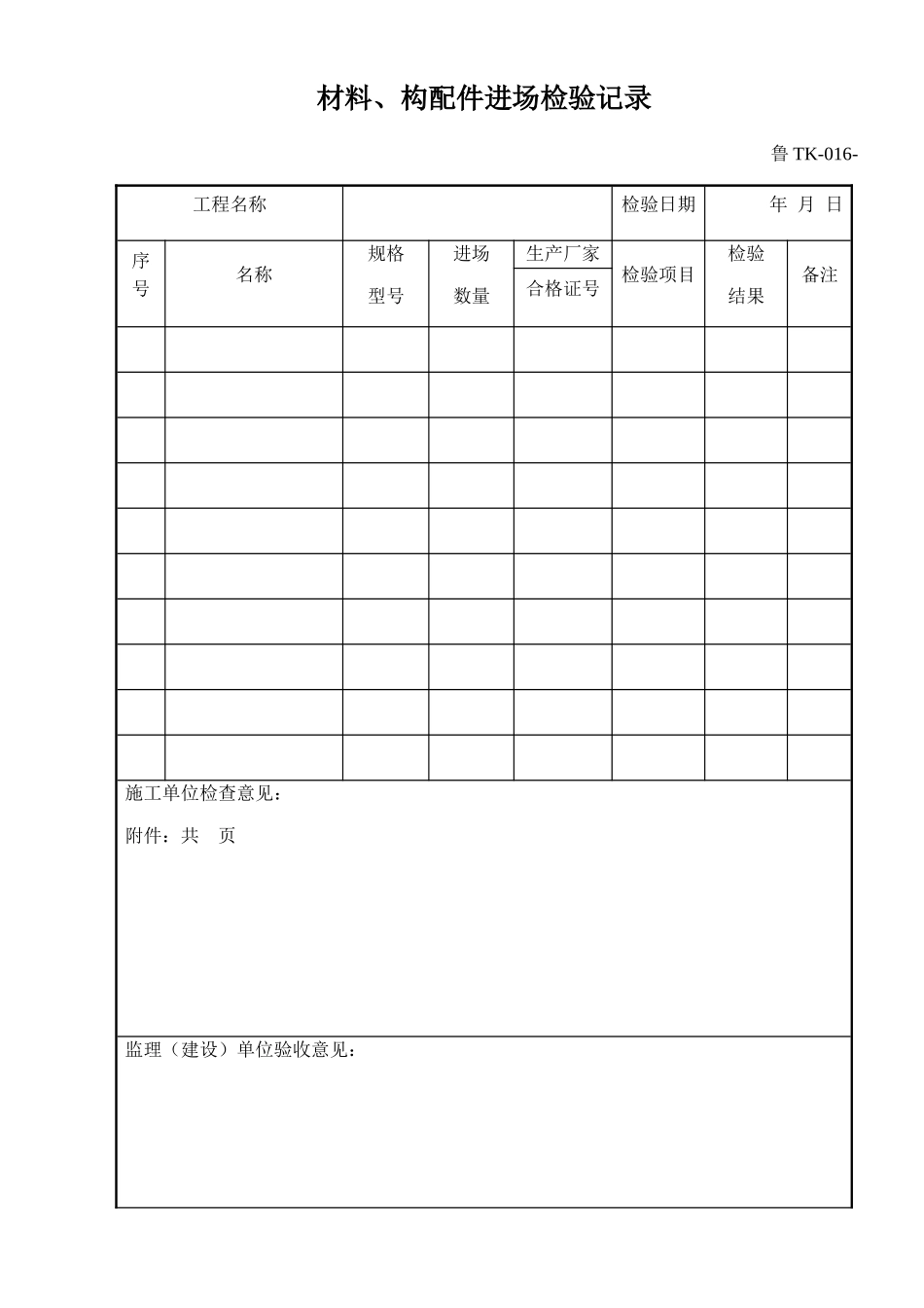 鲁TK-016材料、构配件进场检验记录_第1页
