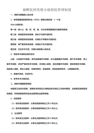 麻醉医师资格分级授权管理制度