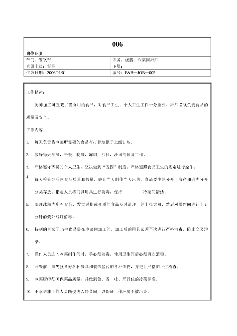 006.高星级酒店餐饮部厨房烧腊、冷菜间厨师工作职责_第1页