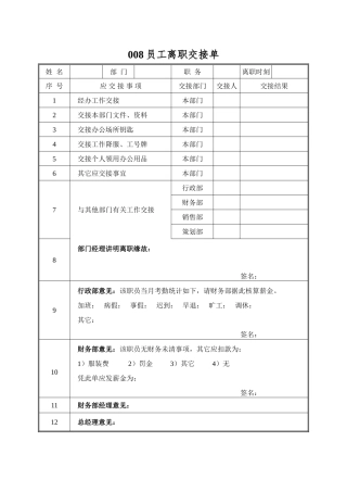 008员工离职交接单