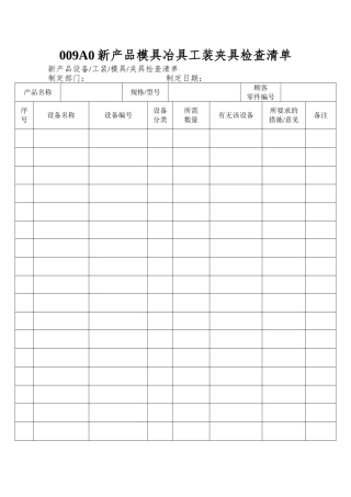 009A0新产品模具冶具工装夹具检查清单