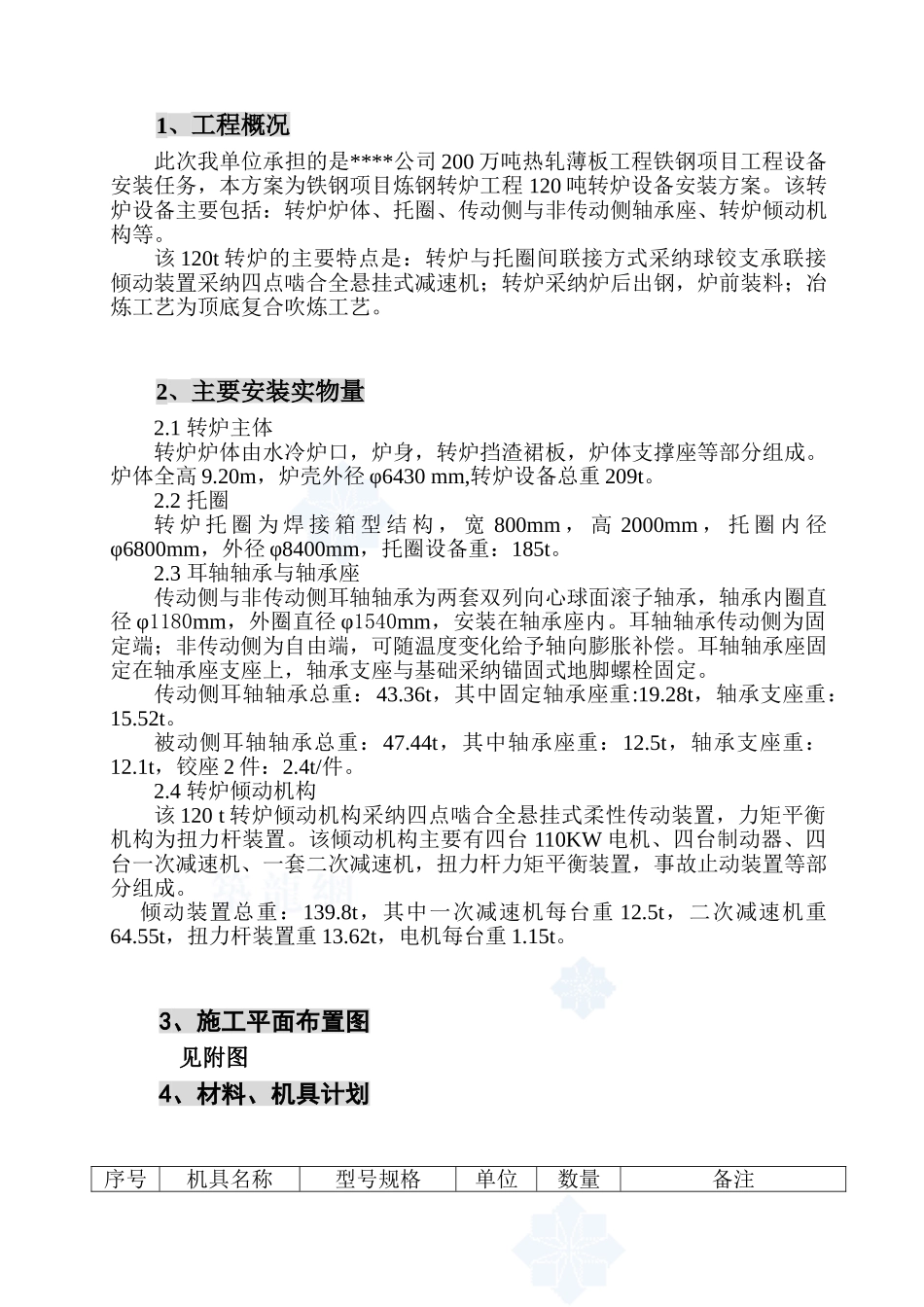 00万吨热轧薄板工程铁钢项目120t炼钢转炉设备安装方案_第1页