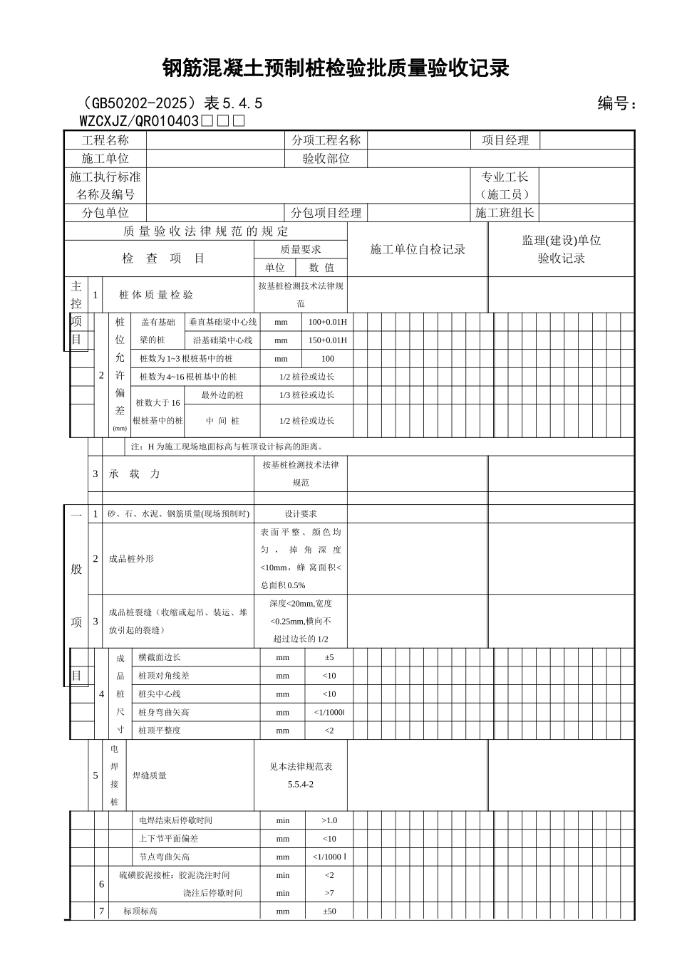 036钢筋混凝土预制桩检验批质量验收记录_第1页