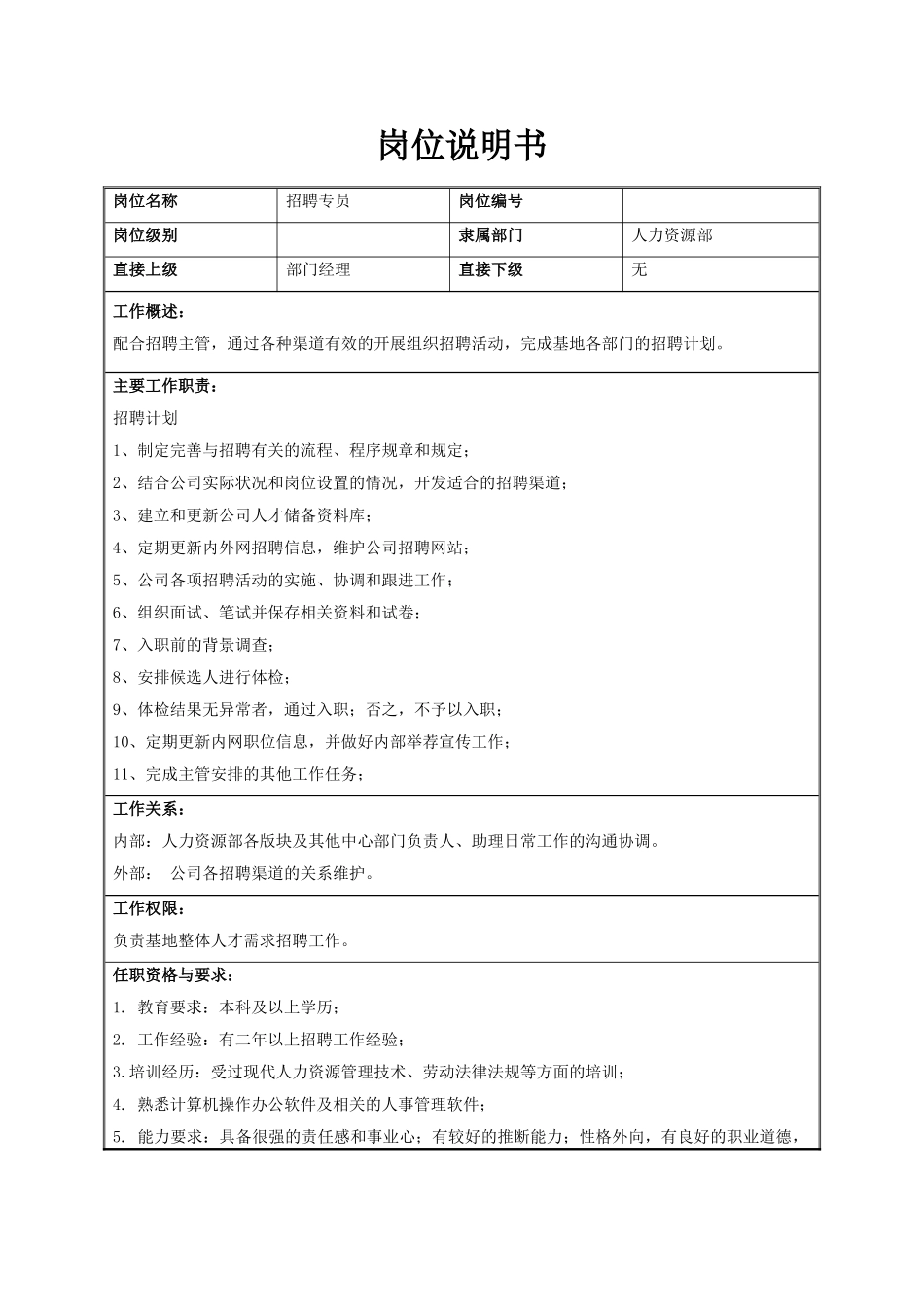 07-招聘专员岗位职责说明书_第1页