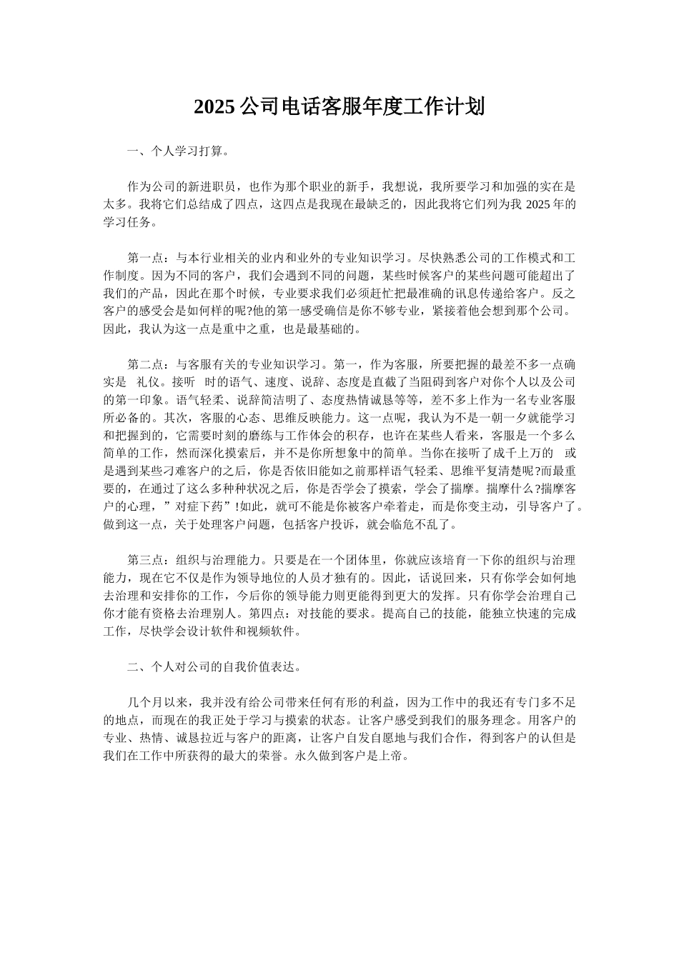 2025公司电话客服年度工作计划_第1页