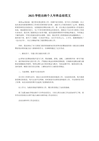 2025学校出纳个人年终总结范文