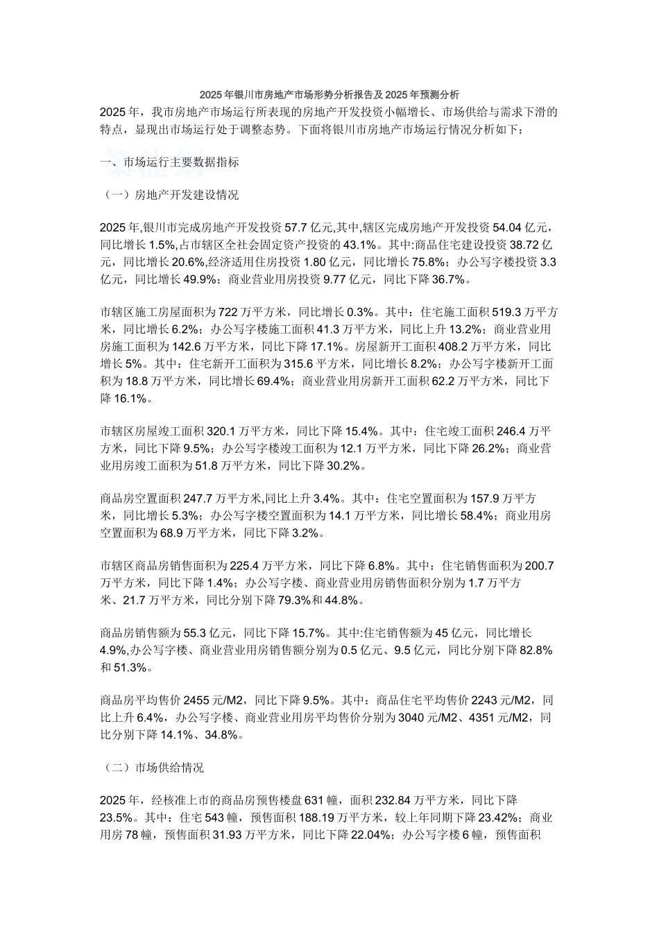 2025年银川市房地产市场形势分析报告及2025年预测分析_第1页