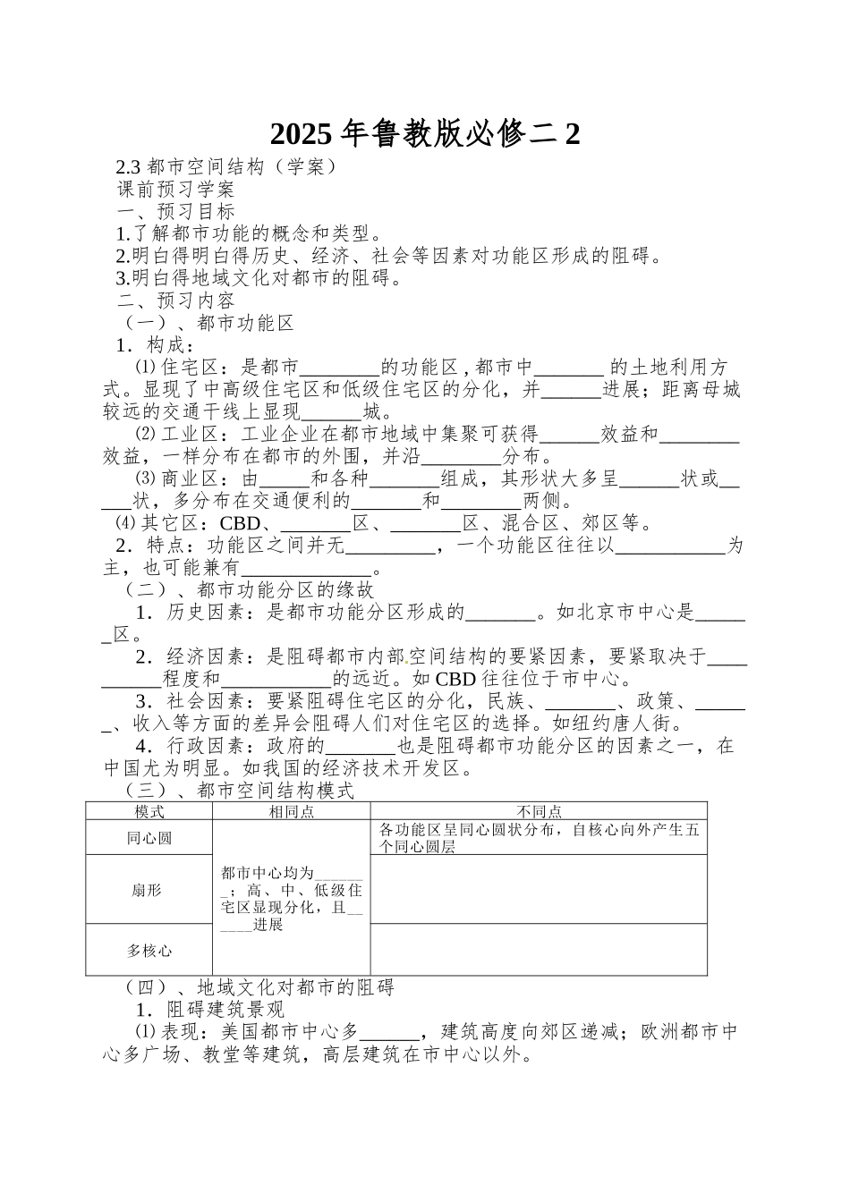 2025年鲁教版必修二2.3《城市空间结构》word学案_第1页