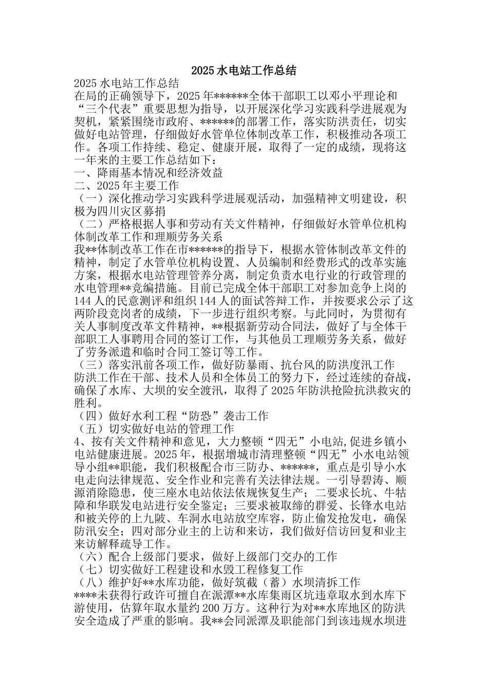 2025水电站工作总结-精品范文资料_第1页