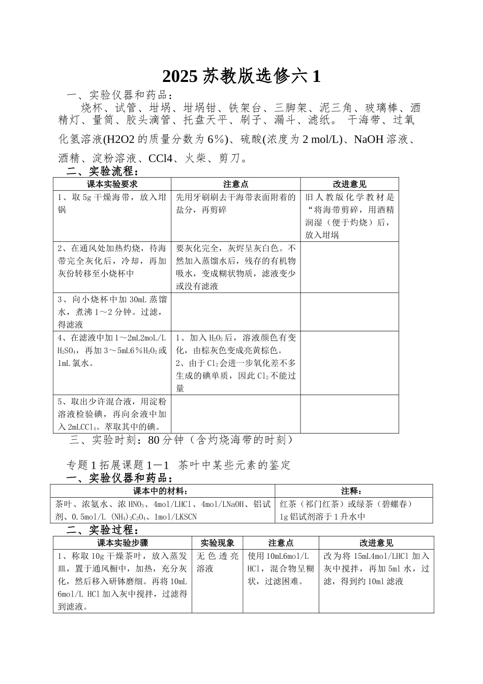2025苏教版选修六1.1《海带中碘元素的分离和检验》word教学参考1_第1页