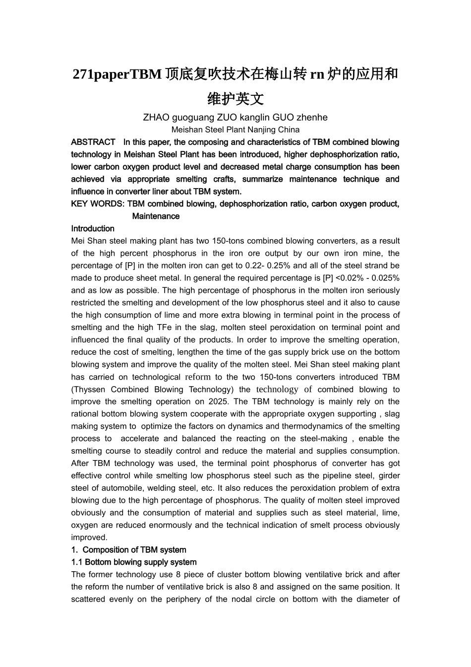 271paperTBM顶底复吹技术在梅山转rn炉的应用和维护英文_第1页