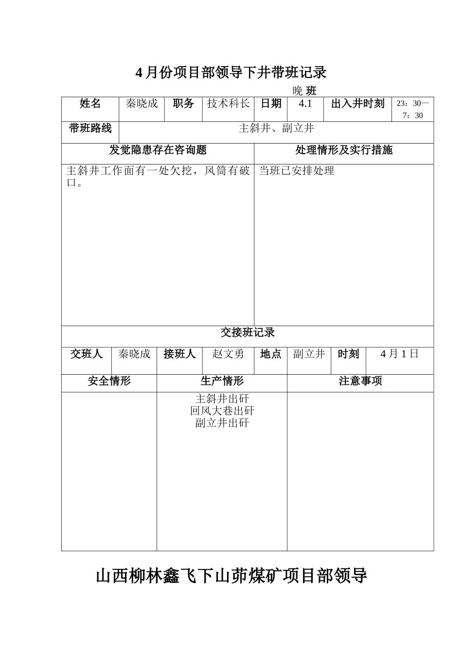 4月份项目部领导下井带班记录_第1页